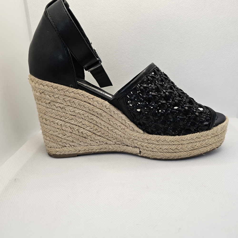 Steve Madden Joni wedge sandal shoes 6.5 heels black espadrilles open toe lace - Picture 7 of 11